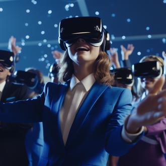 ManagerInnen mit VR-Brillen im Berater-Himmel (Midjourney/Sebastian Halm)